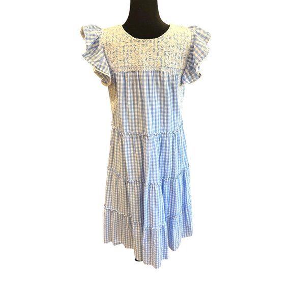 J. Marie Vintage Blue White Gingham Smocked Tiered Ruffle Maxi Dress S Cottage - Picture 3 of 10